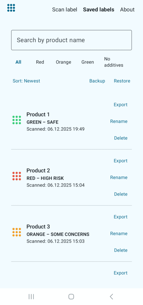 Saved labels list with its advanced functions.