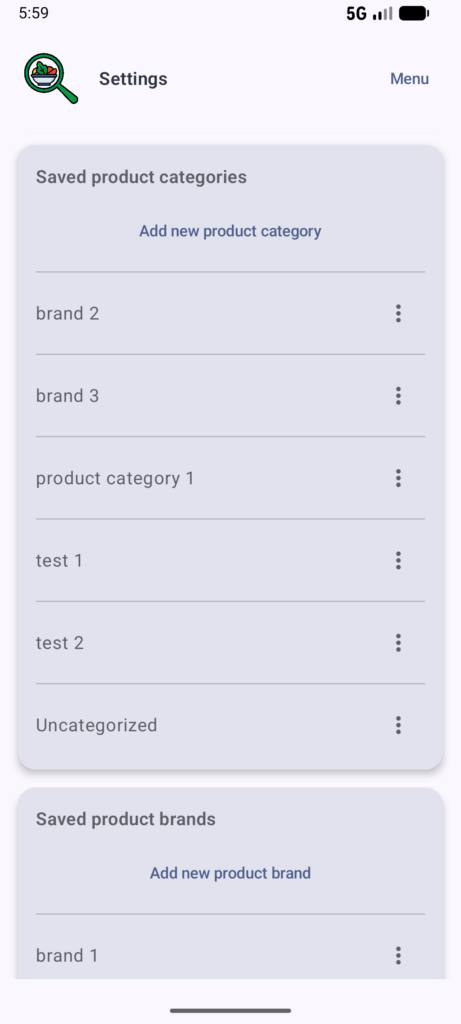 Settings page of Food additives scanner app.