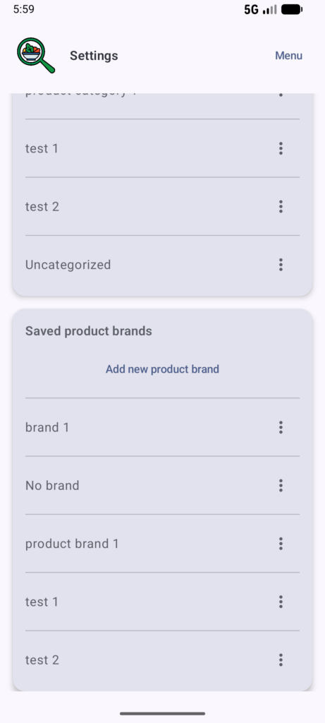 Settings page of Food additives scanner app.
