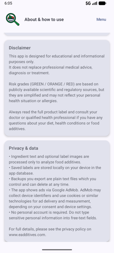 About and how to use page of Food additives scanner app.