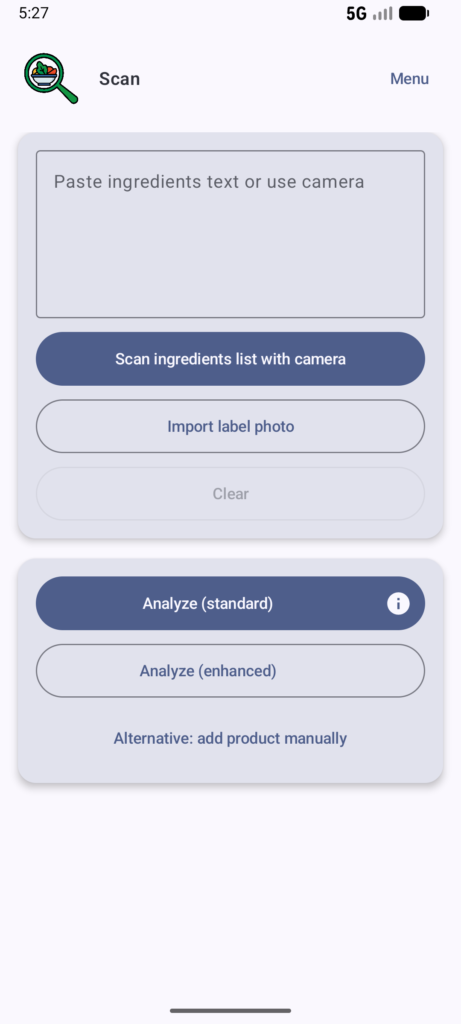 Scan page of Food additives scanner app.