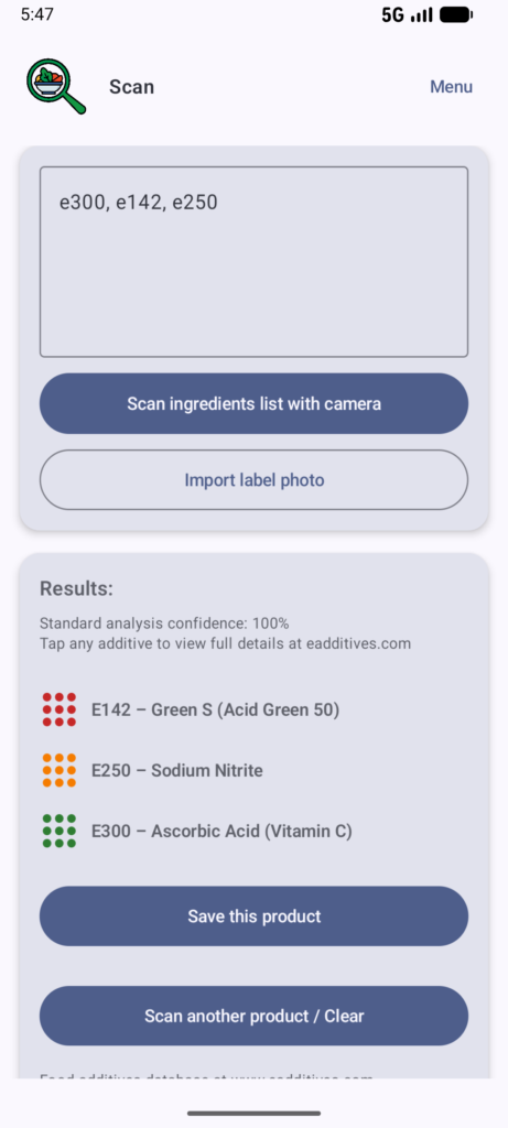 Scan page of Food additives scanner app. Shows analysis results and additive safety grades.