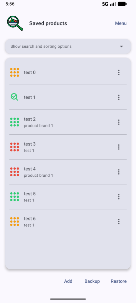 Saved products page of Food additives scanner app. List of saved products with safety grades.