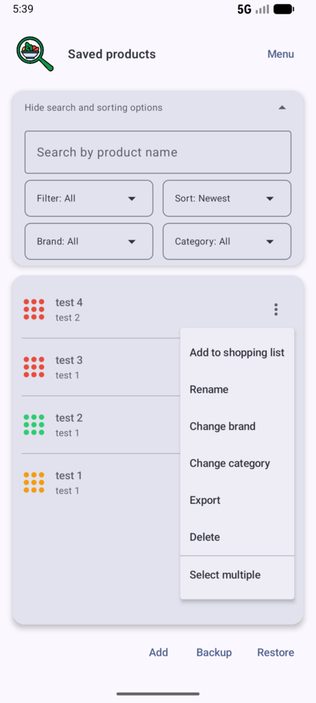 Saved products page of Food additives scanner app. Shows availabe sorting and filtering options together with advanced options for each saved product.