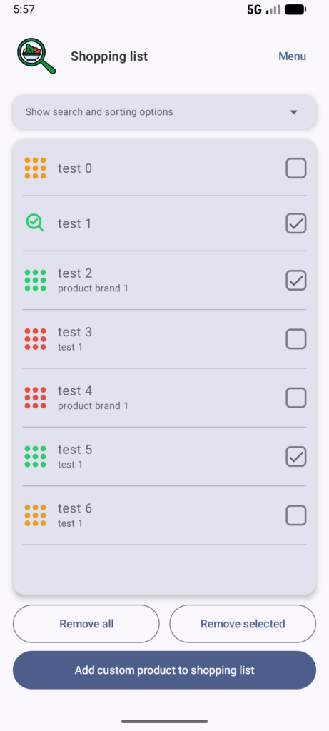 Shopping list page of Food additives scanner app.