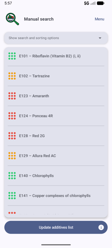 Manual search page of Food additives scanner app.