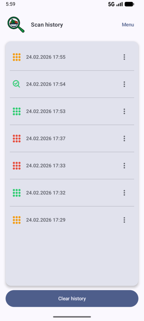 Scan history page of Food additives scanner app.
