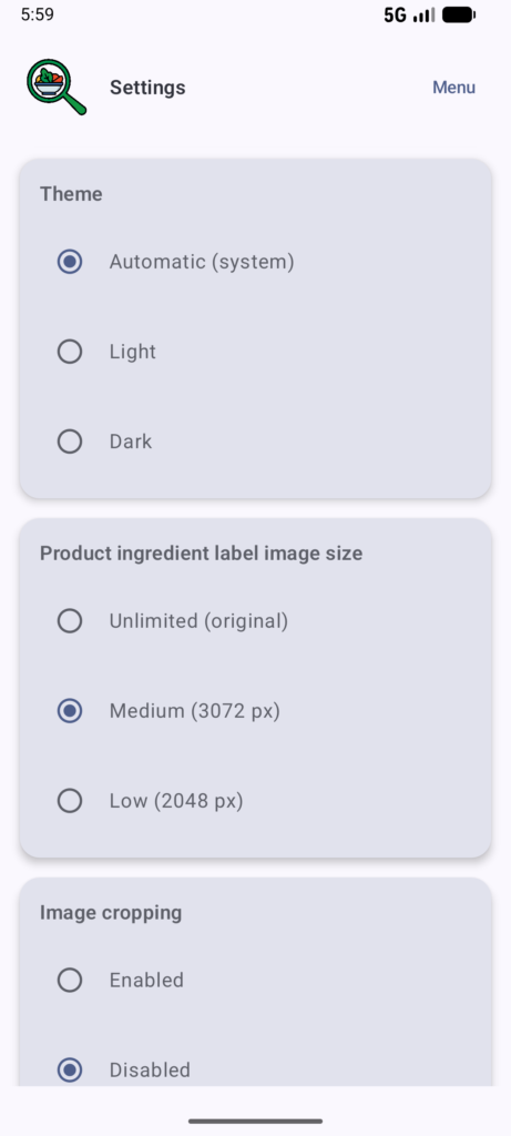 Settings page of Food additives scanner app.